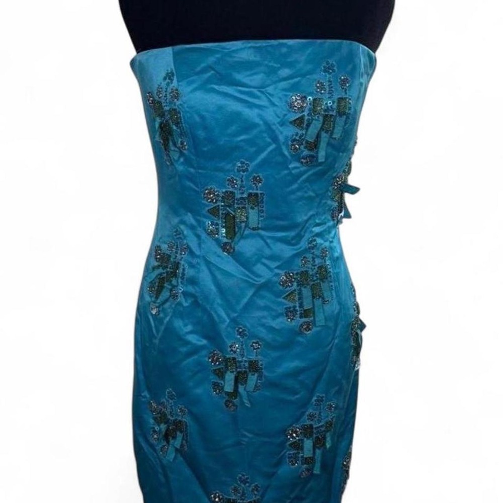 Mikael Aghal Vintage Pure Silk Blue Embroidered Strapless Dress Size 6